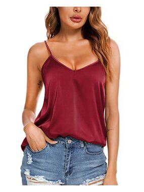 Silky Satin V-Neck Camisole Sleeveless Tank Top Loose Fit Adjustable Straps